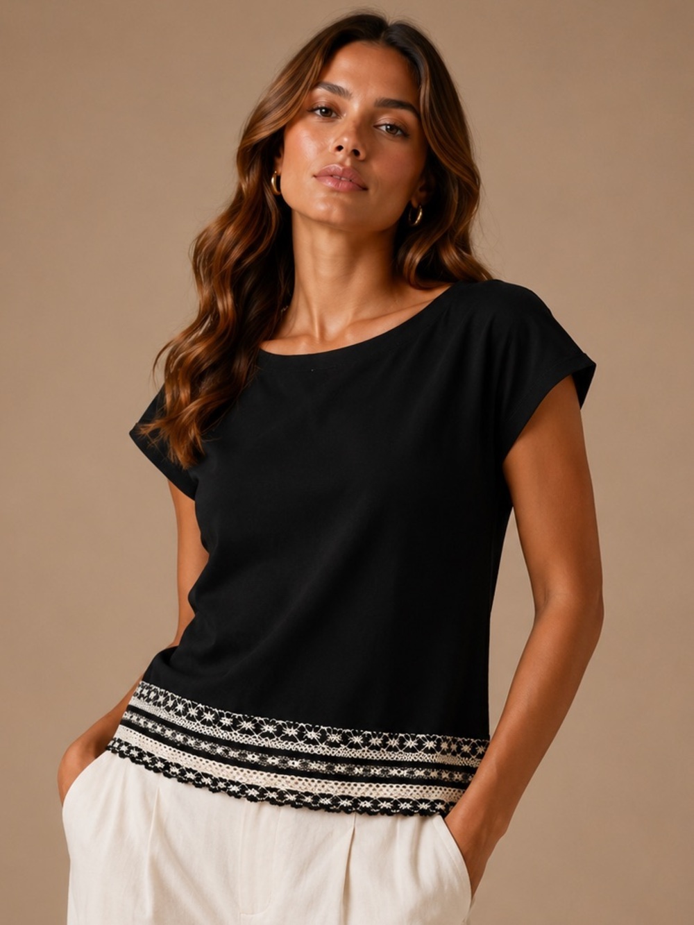 J. Jill Black Short-Sleeve Top with Cream Patterned Hem